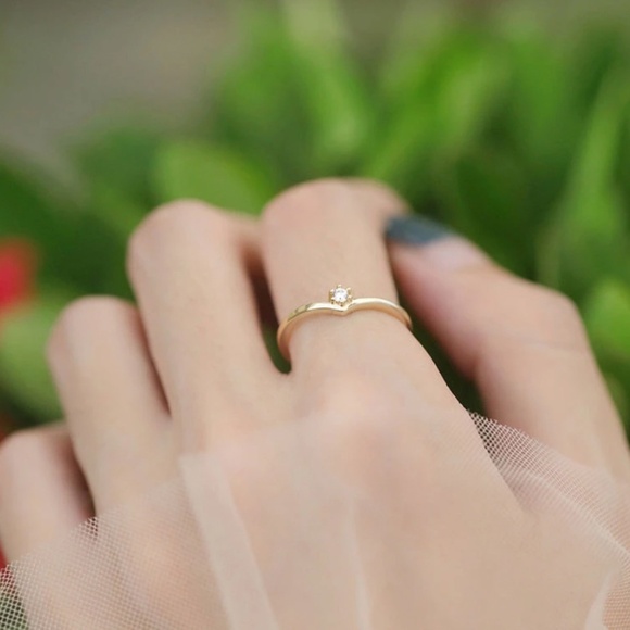 Sterling Silver "V" Shaped Stacking Gold Ring with Single Simulated Diamond - Picture 3 of 14